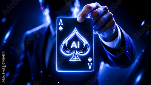 Futuristic man holding glowing ace of spades playing card with AI symbol, illuminated by blue neon light. Concept of artificial intelligence, technology, strategy and innovation.