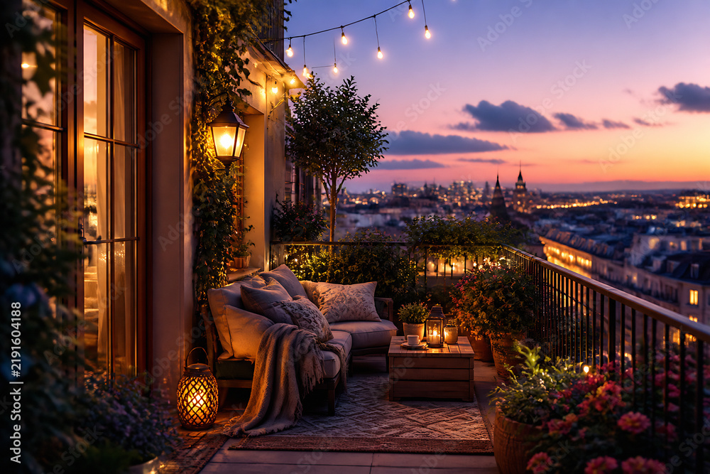 Fototapeta premium A cozy outdoor terrace with a seating area overlooks a sprawling city skyline at sunset.
