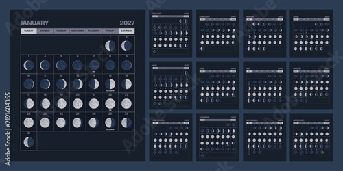 2027 lunar monthly planner calendar with northern moon phases. Week starts on Sunday. Astrology vector illustration