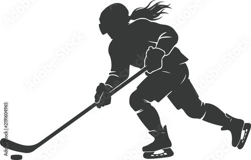 Hockey player vector silhouette skating with puck
