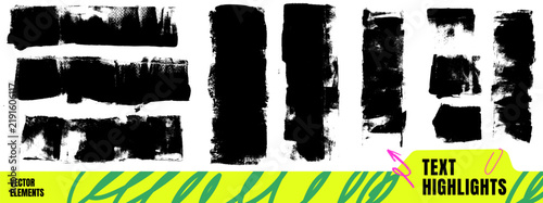 Black dry roller ink set with horizontal bars, upright strokes, and square swatches. Rough grunge texture with frayed edges. Textured vector elements for text highlighting or promotional callout
