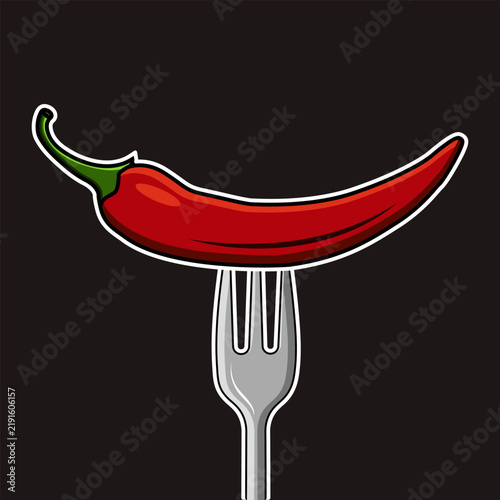 Fiery chili pepper on fork, minimalist food art Vector illustration