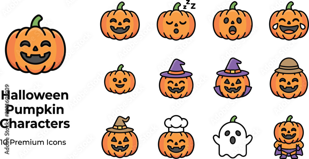 Obraz premium Halloween pumpkin emoji icon set featuring cartoon jack o lantern character expressions and cute ghost for holiday graphic design