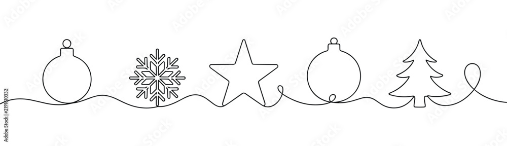 Obraz premium Continuous line drawing of various christmas elements including ball ornaments snowflake star and pine tree isolated on white background