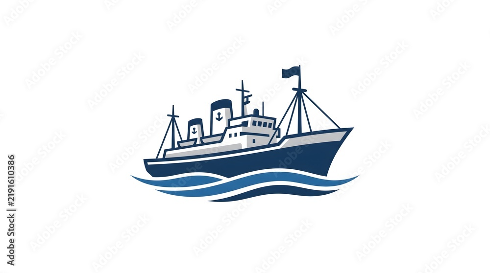 Fototapeta premium Retro vector illustration of a vintage cargo ship sailing on ocean waves, isolated on a white background