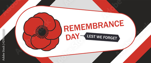 Принти на полотні Remembrance day banner featuring a red poppy flower and the slogan lest we forge