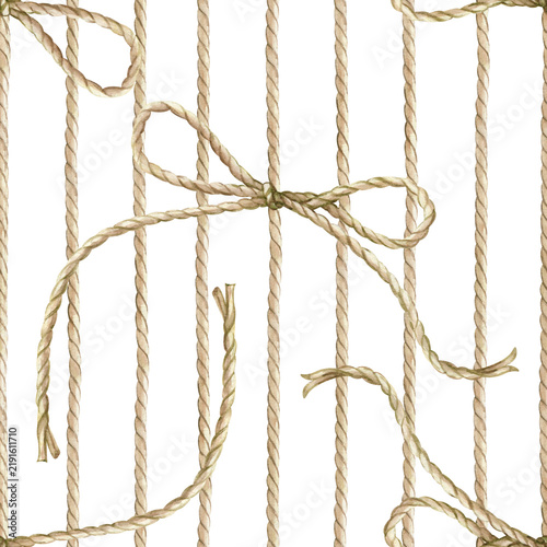 Rope lines with bow knot seamless pattern hand painted with watercolor isolated on white background