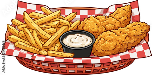 Crispy Fried Chicken Tenders and French Fries in Red Checkered Basket with Dipping Sauce — American Fast Food Cartoon Vector Illustration