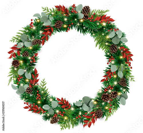 Rustic Christmas circular wreath frame with copy space, fir branches, glowing christmas lights, seasonal foliage, burgundy leaves. Transparent background in vector file.