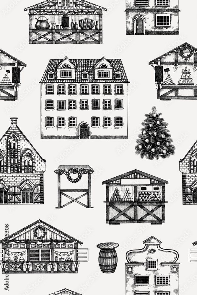 Obraz premium Christmas market hand drawn architecrutal illustration. European architecture sketches collection. Vintage engraving style. NOT AI generated