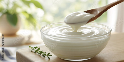 Fresh creamy white yogurt in a glass bowl being scooped by a wooden spoon