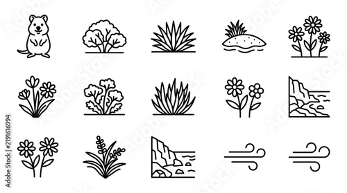 Vintage Floral Plant Vector Icon Set with Flowers, Leaves, Branches, Trees, Tribal Silhouettes, Botanical Ornaments, Nature Symbols and Decorative Pattern Elements