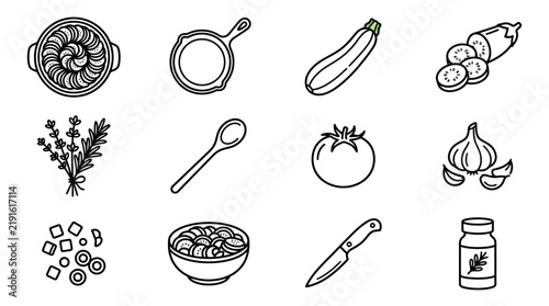 Hand Drawn Food and Drink Icons Vector Set with Vintage Doodle Sketches of Fruits, Vegetables, Pasta, Cake, Mushroom and Kitchen Elements