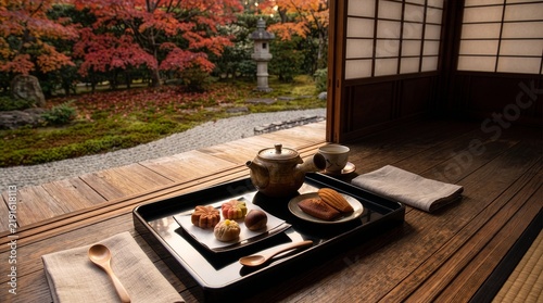 Plakat w ramie 縁側の漆器と秋景色を映す和風アフタヌーンティー