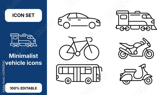 Set of minimalist vehicle icons including car, train, bicycle, motorcycle, bus, and scooter