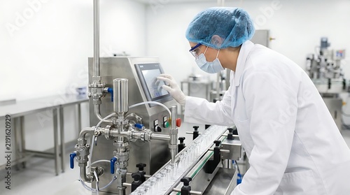 Scientist in a white lab coat and hairnet operating a pharmaceutical filling machine with a touchscreen interface in a sterile laboratory room