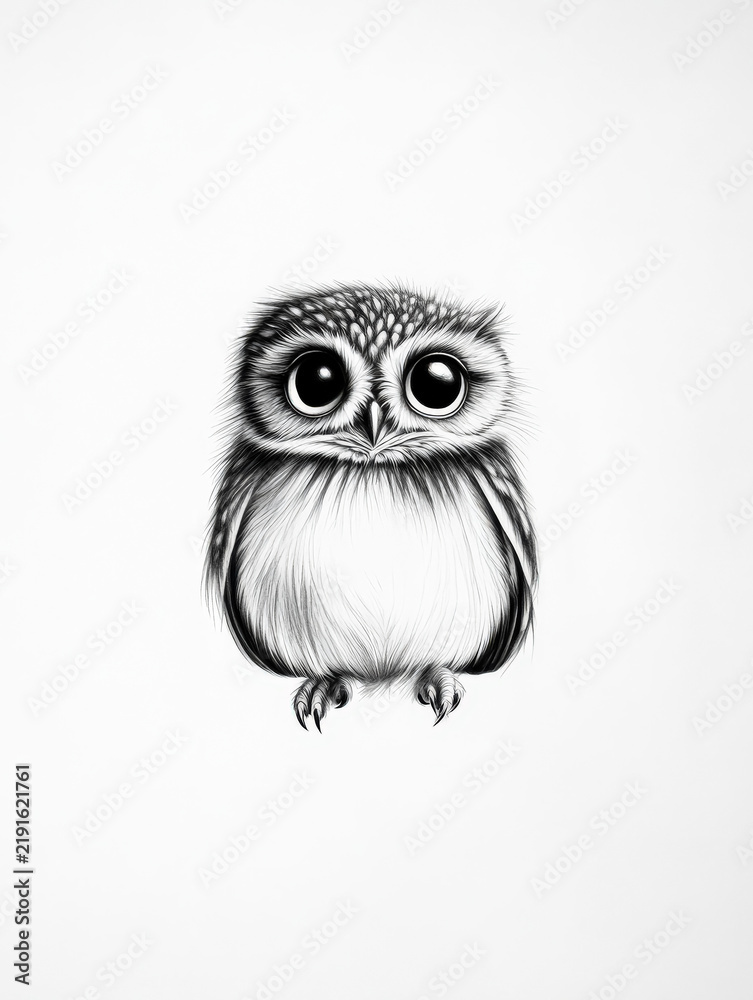 Fototapeta premium Detailed black and white illustration of an owl with large eyes, set against a plain white background, showcasing intricate feather details.