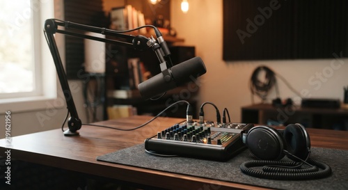 Fotografie Podcast recording setup with a black microphone on a boom arm, an audio mixing c