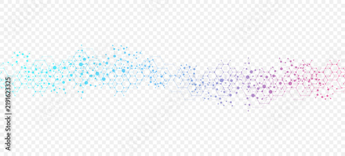 Modern abstract molecules structure for science or medical background. DNA helix or atom visualization. Molecular wave flow abstract background. Vector illustration