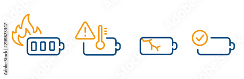 malfunction battery icons, overheating, battery broken or fire, good or serviceable accumulator, line icon set, vector illustration
