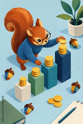 Cartoon squirrel in glasses and blue sweater stacking gold coins on colorful blocks surrounded by acorns, book, plant, and notepad symbolizing financial savings concept