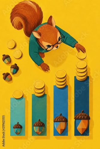 Playful squirrel in glasses reaching for gold coins beside acorns and rising bar chart, colorful illustration representing savings, finance and growth