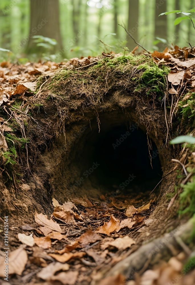 Fototapeta premium Wildlife habitat and animal burrow in forest, nature conservation and biodiversity with underground den entrance surrounded by moss and autumn leaves