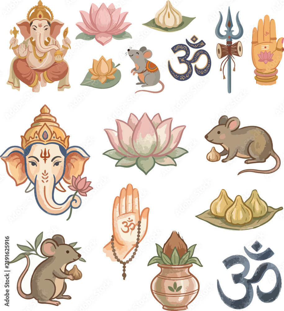 Obraz premium Cute Ganesha Chaturthi vector set with Lord Ganesha, lotus, modak, mouse, om symbol, trishul, and kalash