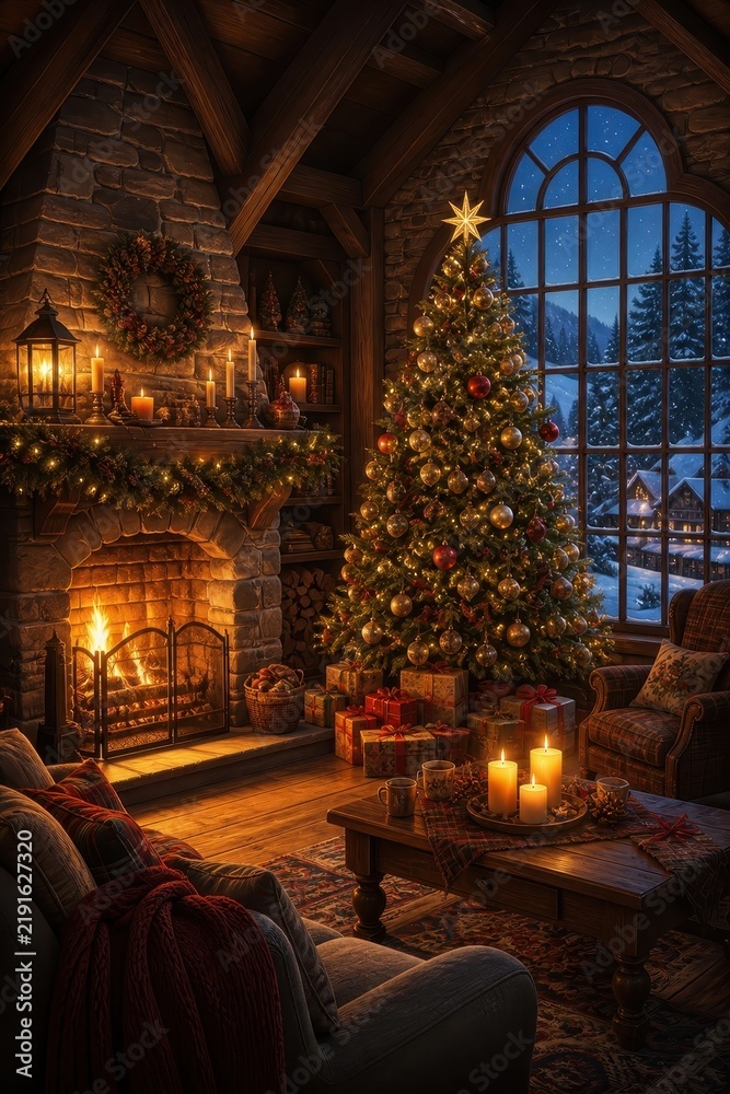 Obraz premium Cozy Christmas cabin interior with fireplace and tree