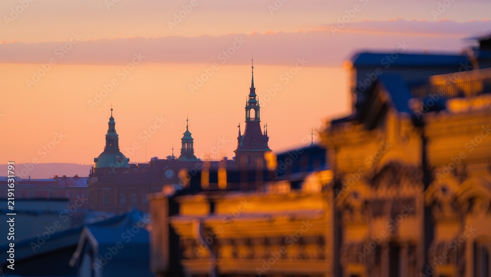 Fototapeta premium Prague Castle at Sunset with Orange Sky
