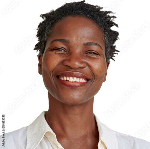 Middle-aged woman smiling with short natural hair