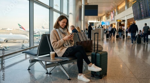 Young woman in sweater and scarf sits on terminal bench using smartphone beside rolling suitcase and coffee cup; travelers and flight boards blur in bright concourse