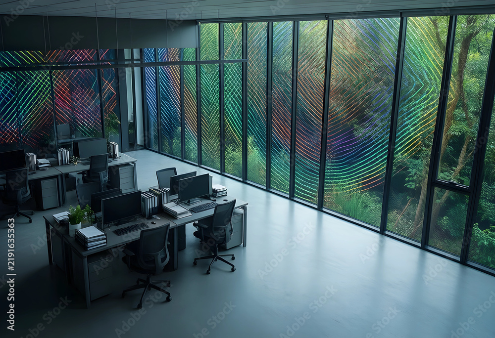 Obraz premium Biophilic office design and sustainable workspace, modern corporate interior with rainbow light patterns on windows and lush green forest view outside