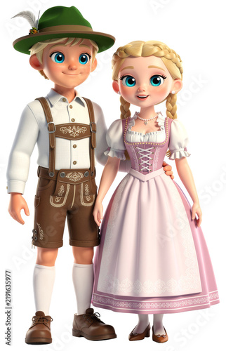 Couple in traditional Bavarian folk costumes. 3D rendered on a transparent background. 