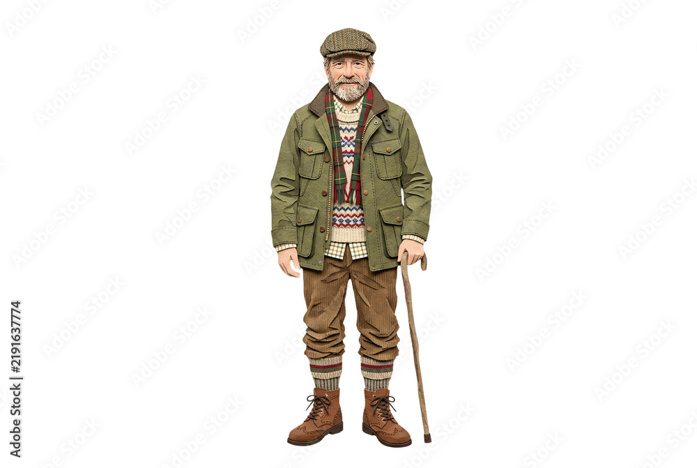 Fototapeta premium British gentleman in tweed jacket, flat cap, Fair Isle sweater holding wooden walking cane