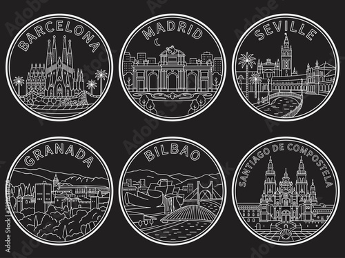Spain Travel Destination Round Line Art Icon Set with Barcelona Madrid Seville Granada Bilbao and Santiago Landmarks