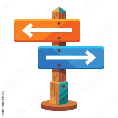 Wooden signpost with orange and blue directional arrows for navigation choice