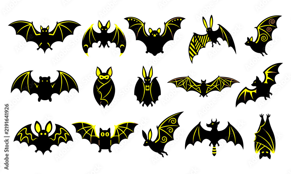 Obraz premium Collection of various stylized black and yellow bat icons for halloween graphic design