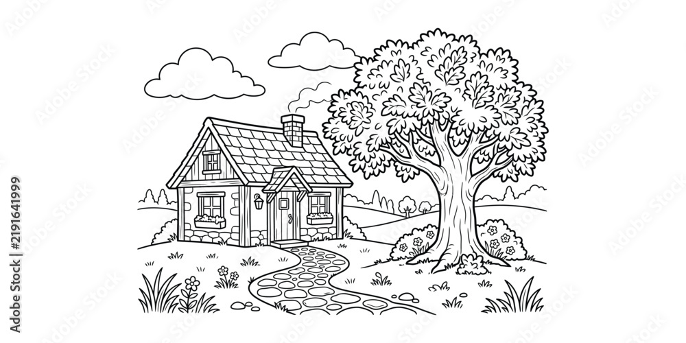 Fototapeta premium Cozy cottage with a large tree
