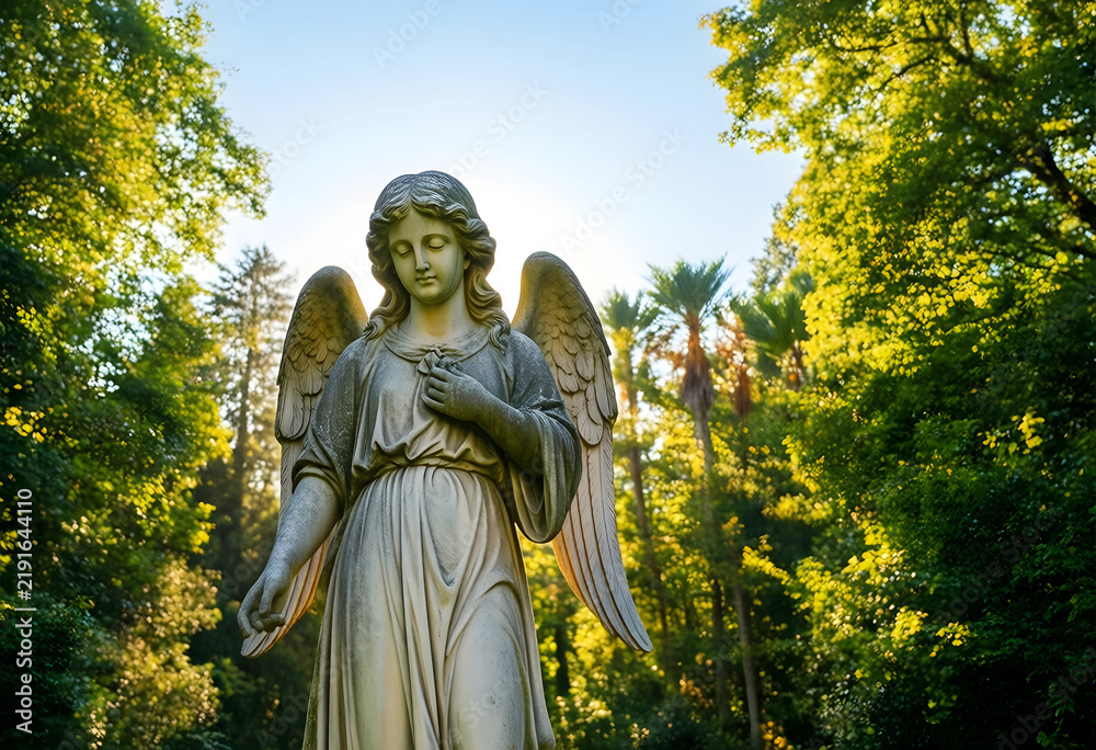 Fototapeta premium Spirituality and peace, stone angel statue in a sunlit forest garden for memorial and funeral themes with soft natural light and serene atmosphere