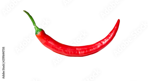 Fotografía Whole ripe red chili pepper with long curved shape and green stem isolated on transparent background