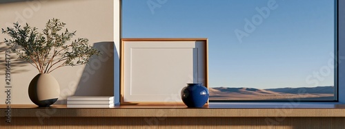 Minimalist interior window sill with mock up frame and plant decor