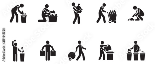 Recycling icon set featuring people sorting trash and waste into different bins for sustainability.