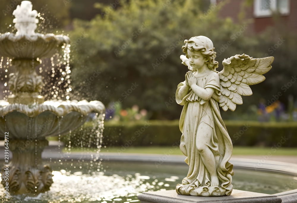 Fototapeta premium Spirituality and peace stone angel statue praying by a garden fountain for meditation mindfulness and religious reflection in a quiet outdoor park