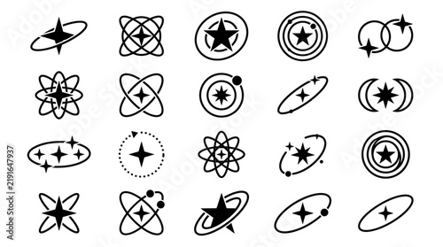 Star Icons Collection with Orbital Rings and Cosmic Symbols for Celestial Designs