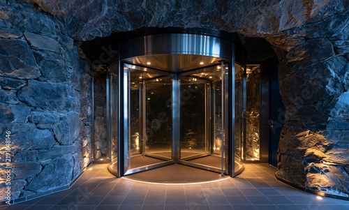 Modern glass revolving door built inside a dark natural stone rock cave