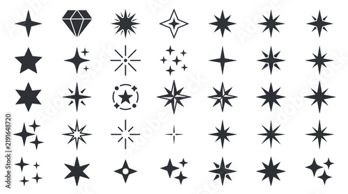 Star Icon Set with Sparkling Shapes and Diamond Symbols for Modern Graphic Design