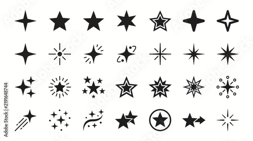 Star Icon Set with Various Shapes and Decorative Sparkle Effects for Graphic Design