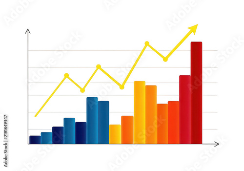 Colorful bar chart with a rising yellow trend line isolated on transparent background