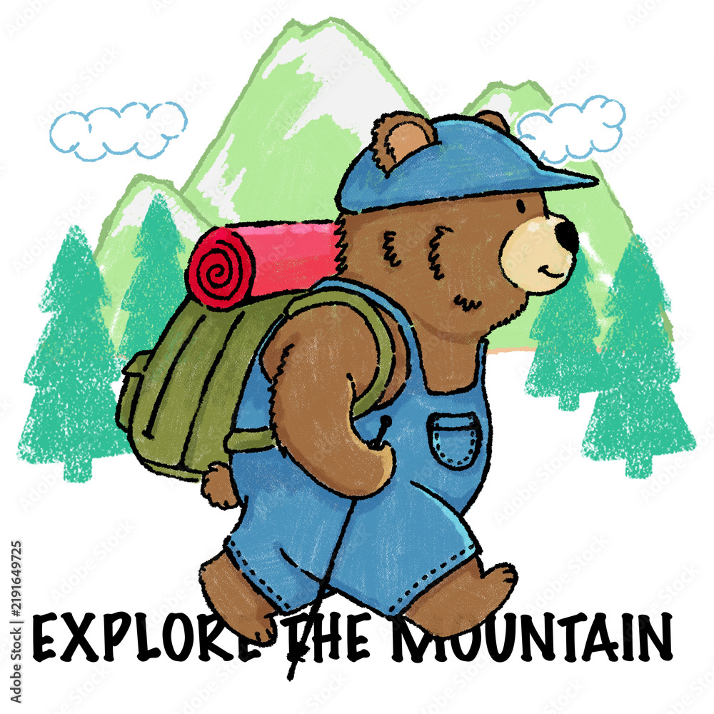 Obraz premium Brown Bear hiking club and explore the mountain hand drawing illustration
